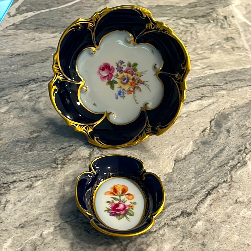Vintage Echt Kobalt candy, nut,footed dish with trinket dish for jewelry AS SET